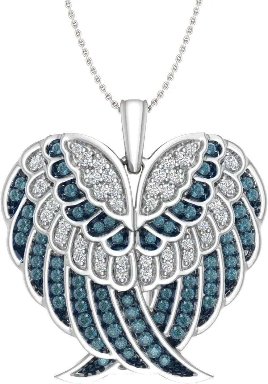 FINEROCK 1/2 Carat Blue and White Diamond Angel Wings in Heart Shaped Necklace in 925 Sterling Silver or 18K Yellow Gold over Sterling Silver