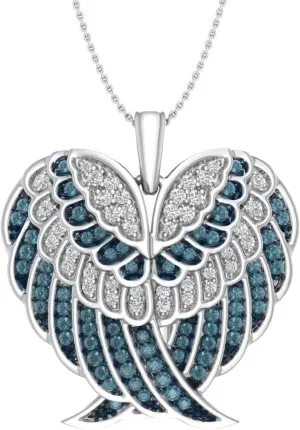 FINEROCK 1/2 Carat Blue and White Diamond Angel Wings in Heart Shaped Necklace in 925 Sterling Silver or 18K Yellow Gold over Sterling Silver