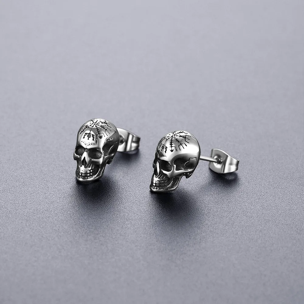 Flash Sale Sterling Silver Viking Skeleton Skull Stud Earrings for Men