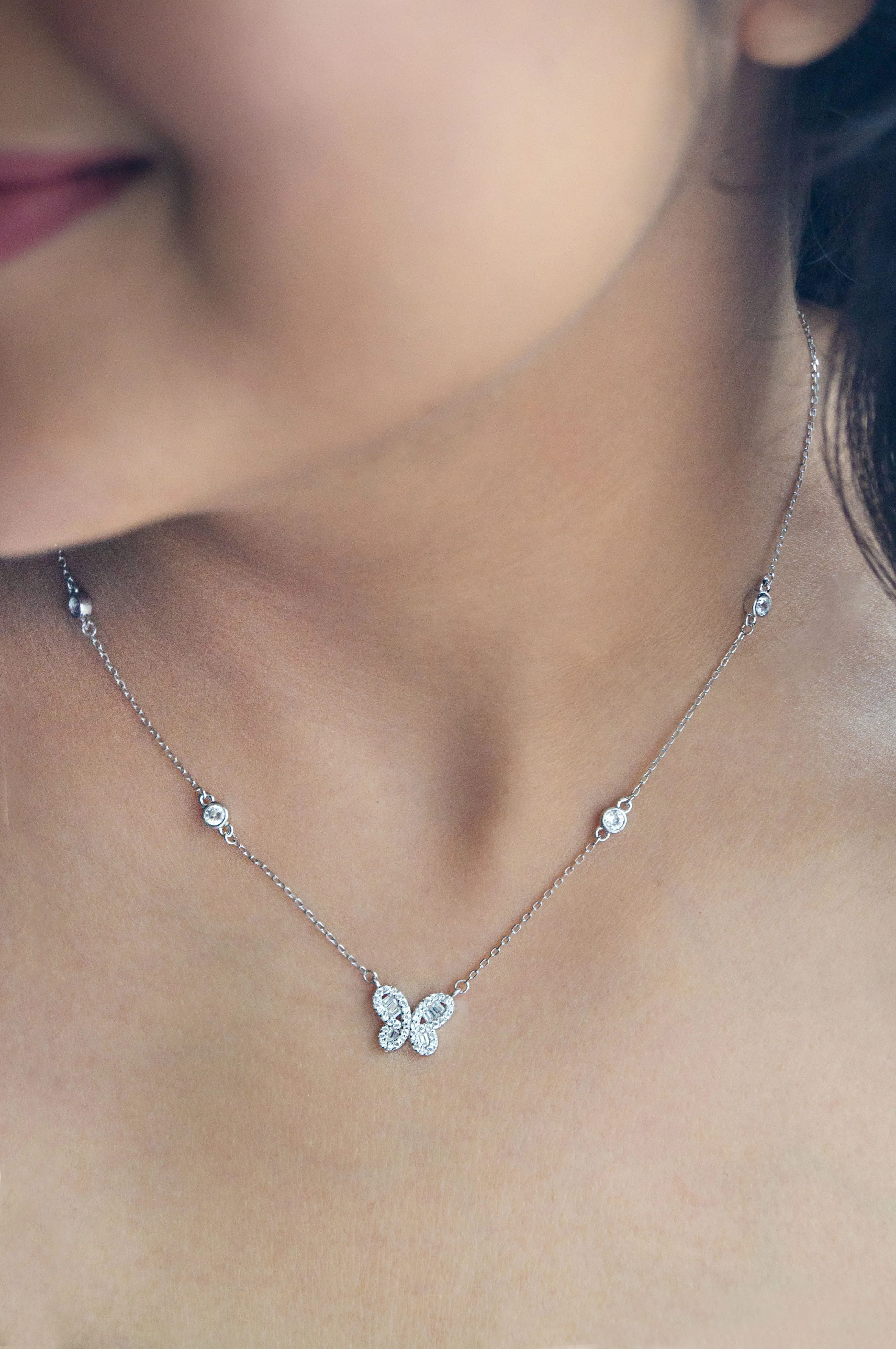 Flying Along Butterfly Sterling Silver Chain Necklace