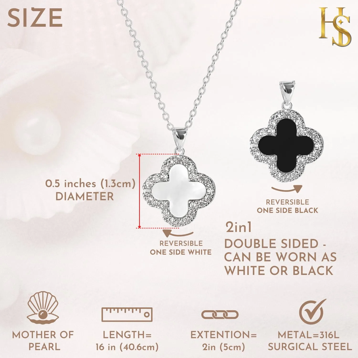 Four Leaf Studded Clover Necklace | Double Sided Clover Necklace White & Black Necklace for Women | Lovely Gift