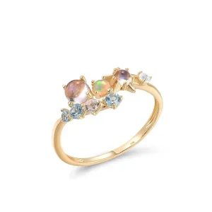 Genuine 14K 585 Yellow Gold Ring For Women Sparkling Opal Blue Moonstone Topaz Ring Dainty Glamorous Trendy Fine Jewelry