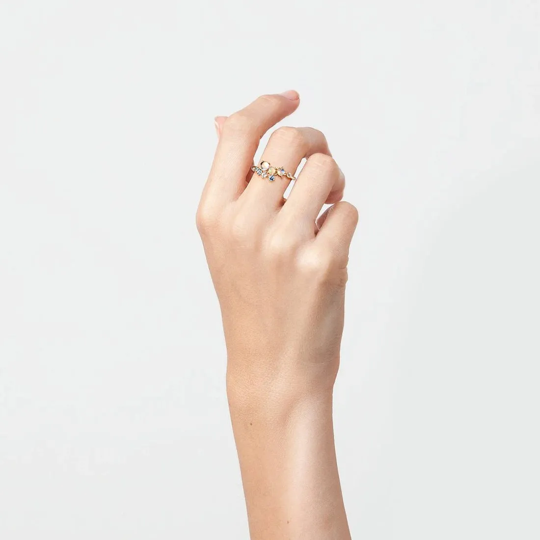 Genuine 14K 585 Yellow Gold Ring For Women Sparkling Opal Blue Moonstone Topaz Ring Dainty Glamorous Trendy Fine Jewelry