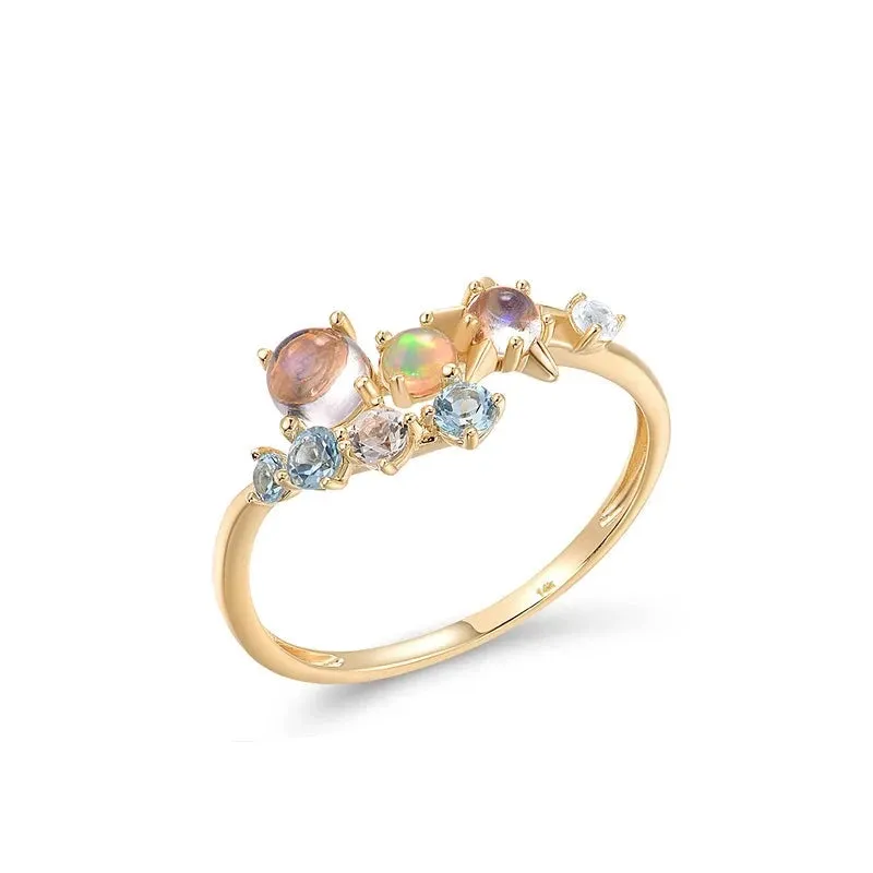 Genuine 14K 585 Yellow Gold Ring For Women Sparkling Opal Blue Moonstone Topaz Ring Dainty Glamorous Trendy Fine Jewelry