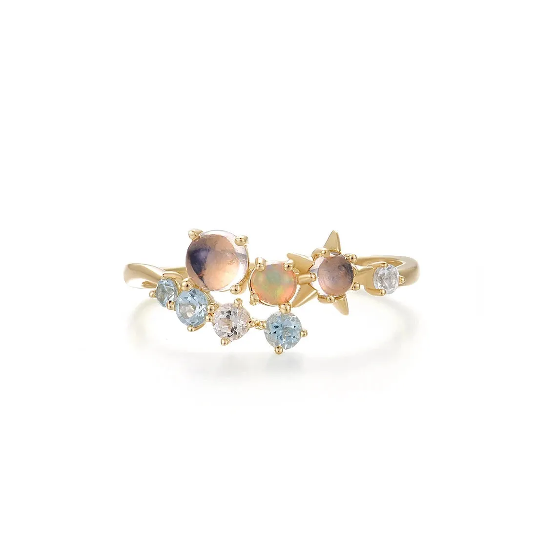 Genuine 14K 585 Yellow Gold Ring For Women Sparkling Opal Blue Moonstone Topaz Ring Dainty Glamorous Trendy Fine Jewelry
