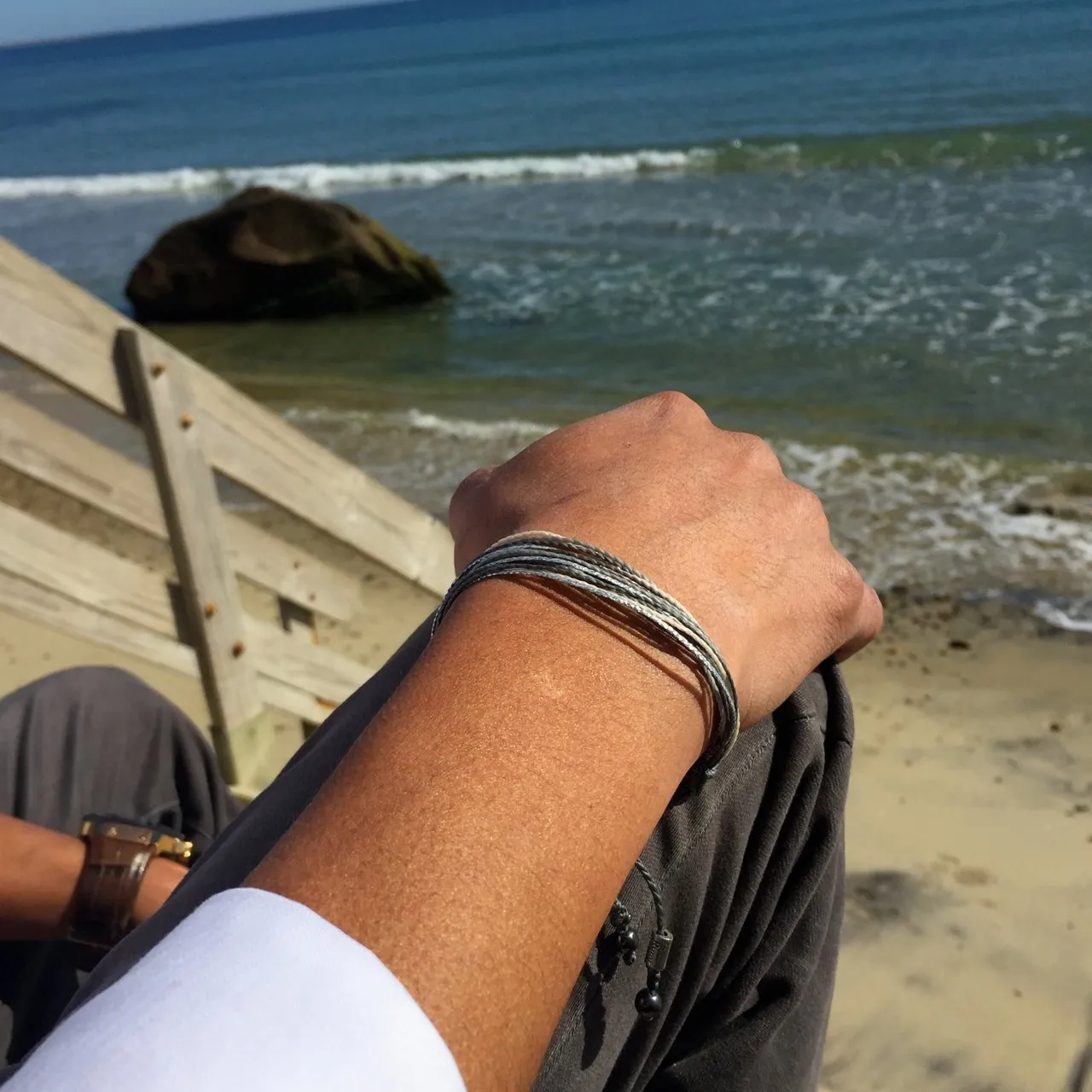 Grey String Bracelet with Hematite Stones in Gray, Off-White, and Metallic Silver - Handmade Surfer Rope Friendship Bracelet Adjustable for Men and Women by Rumi Sumaq