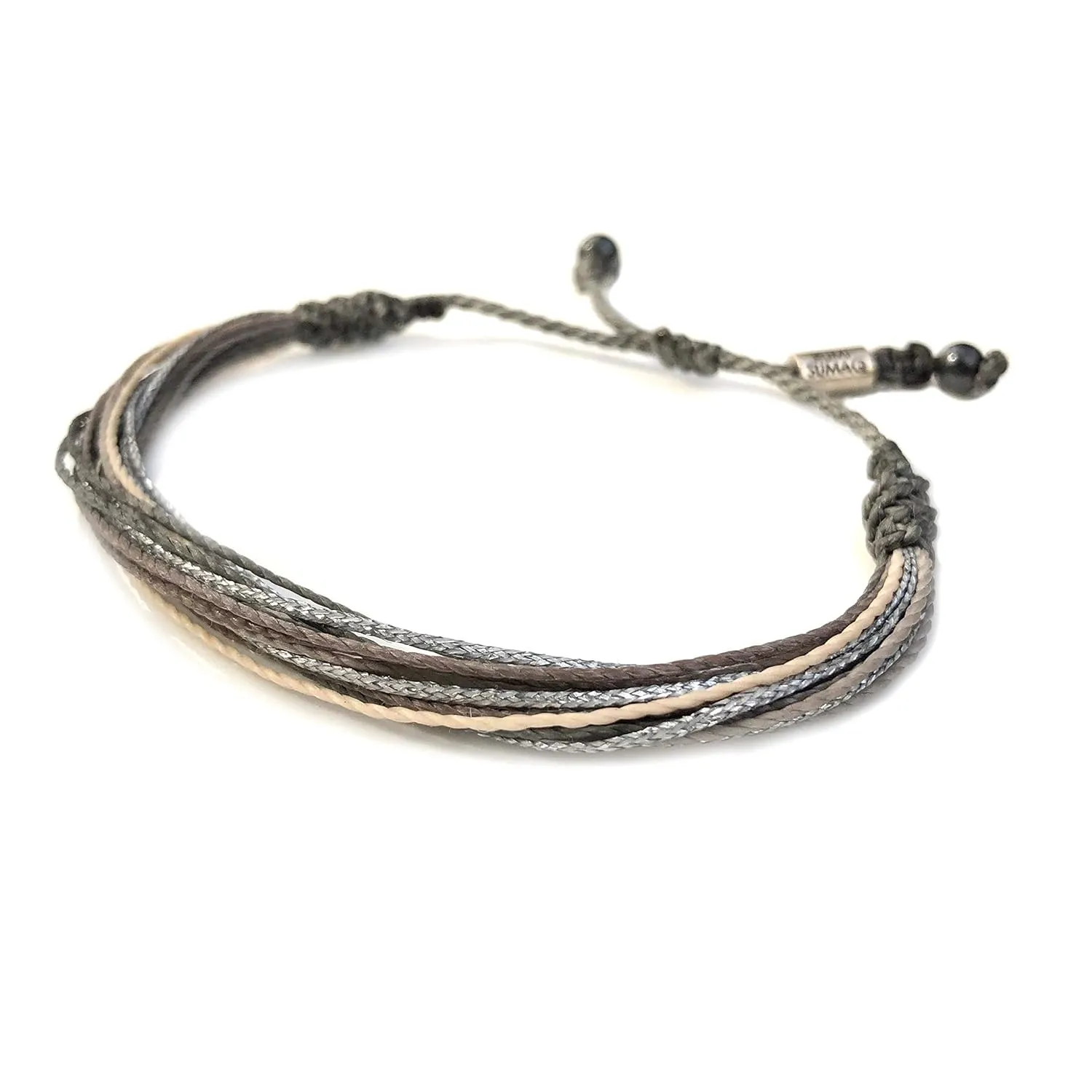 Grey String Bracelet with Hematite Stones in Gray, Off-White, and Metallic Silver - Handmade Surfer Rope Friendship Bracelet Adjustable for Men and Women by Rumi Sumaq