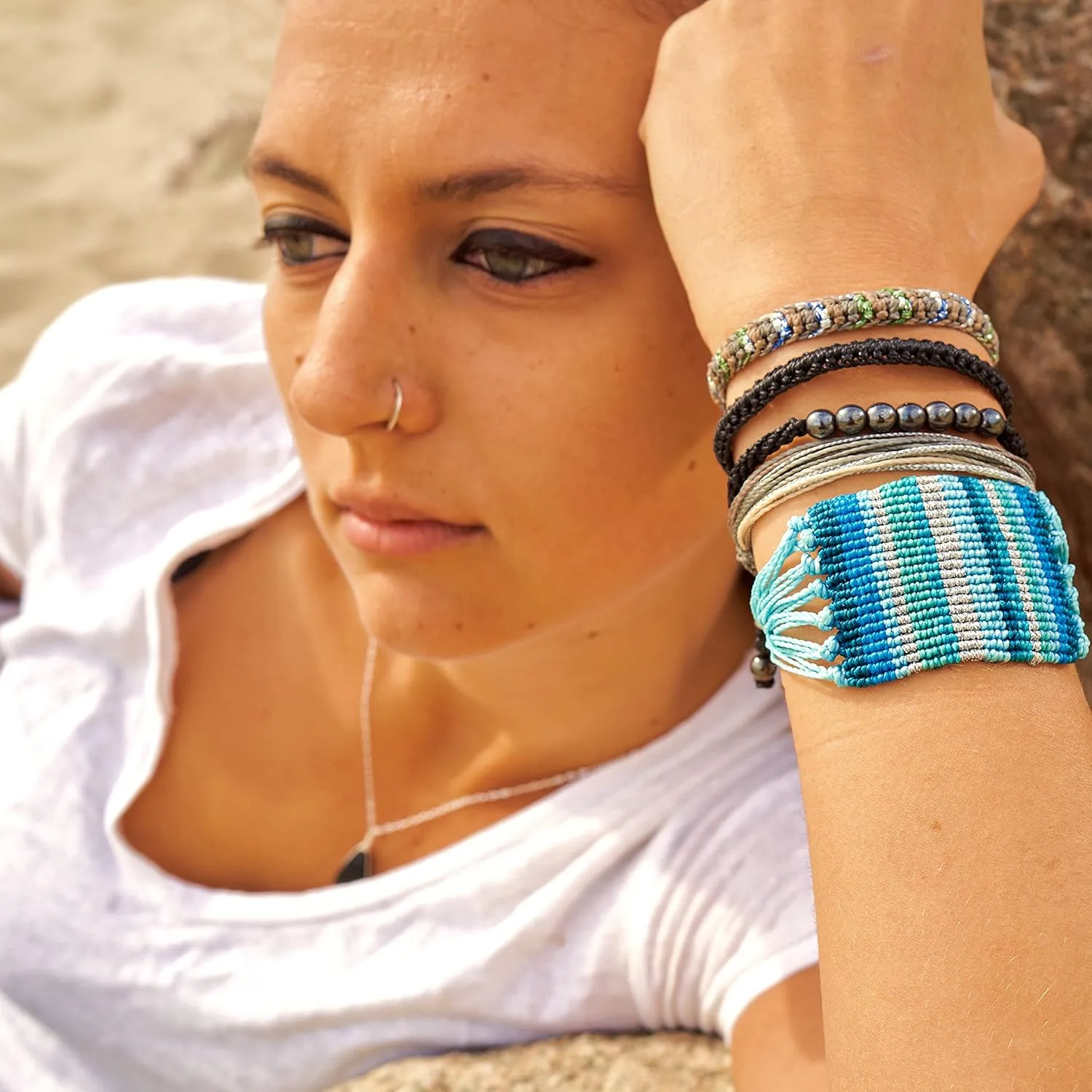 Grey String Bracelet with Hematite Stones in Gray, Off-White, and Metallic Silver - Handmade Surfer Rope Friendship Bracelet Adjustable for Men and Women by Rumi Sumaq