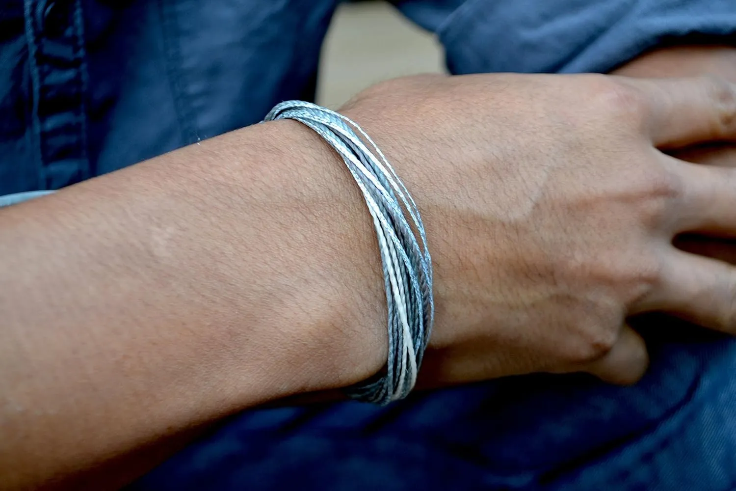 Grey String Bracelet with Hematite Stones in Gray, Off-White, and Metallic Silver - Handmade Surfer Rope Friendship Bracelet Adjustable for Men and Women by Rumi Sumaq