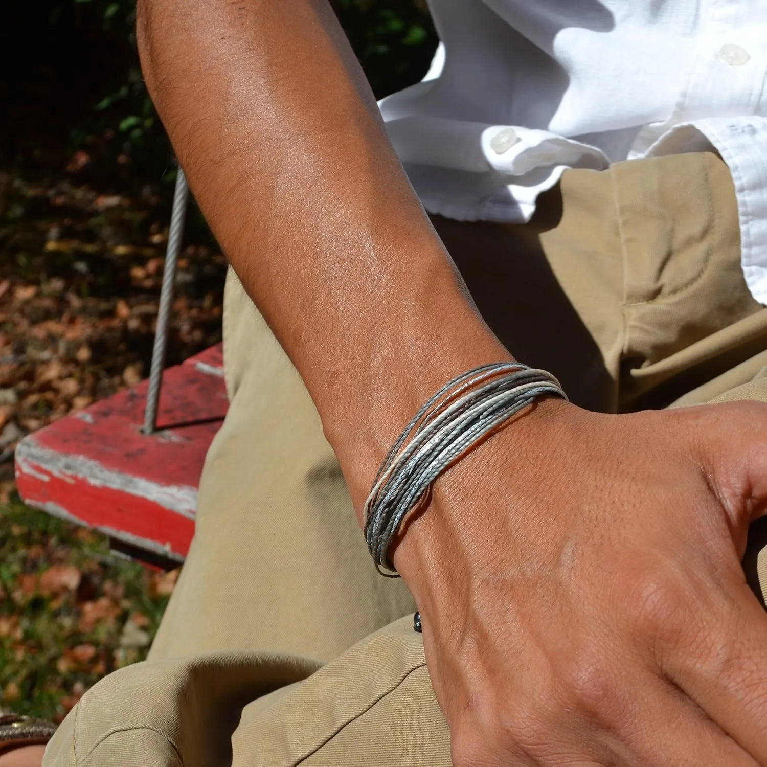 Grey String Bracelet with Hematite Stones in Gray, Off-White, and Metallic Silver - Handmade Surfer Rope Friendship Bracelet Adjustable for Men and Women by Rumi Sumaq