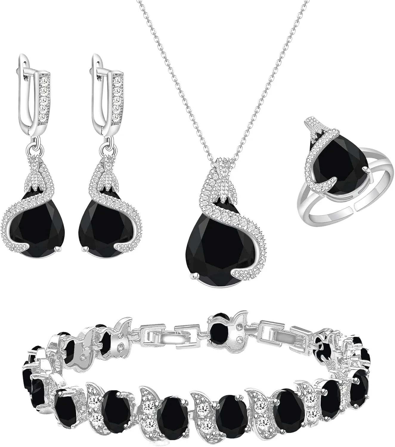 GZWHD Jewelry Set for Women Water Drop Cubic Zirconia Artificial Crystal Earrings Pendant Necklace Open Ring Tennis Bracelet Wedding Anniversary Birthday Engagement Gift for Bridesmaid Wife Girlfriend Friend