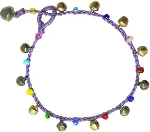 Handmade Varicolored Glass Bead Bells Purple Cord Anklet Bracelet 10 Inches (AkSP08)