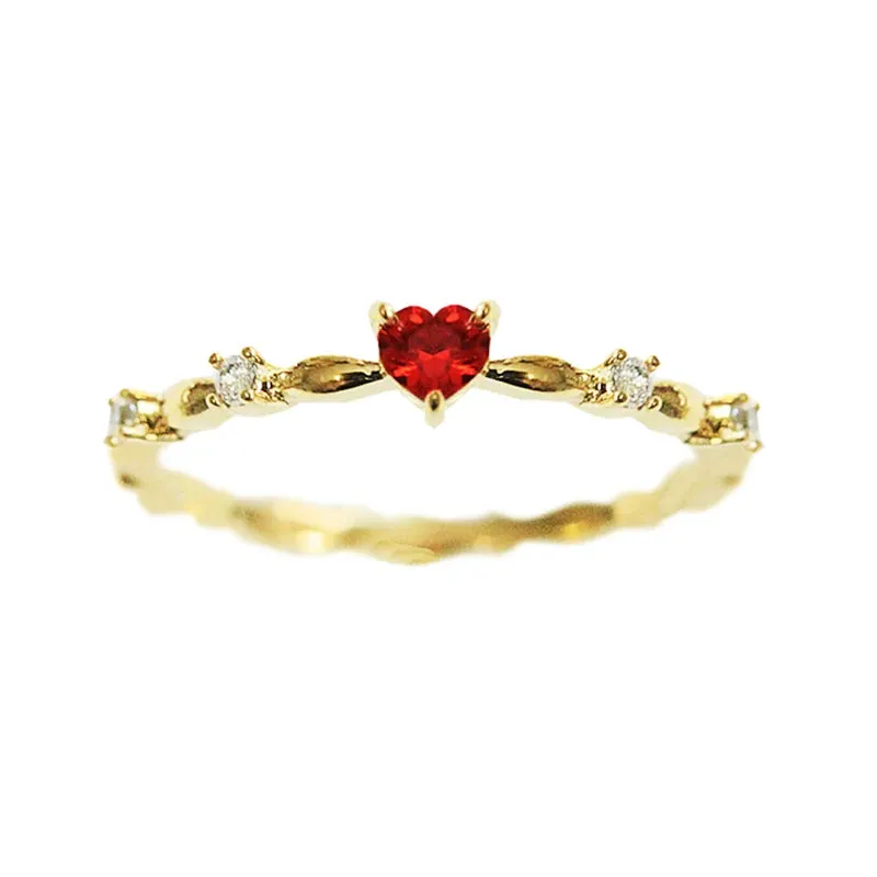 Huitan Fashion Contracted Red Heart Cubic Zirconia Rings Luxury Gold Color Wedding Rings for Women Exquisite Gift 2022 Jewelry
