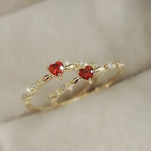 Huitan Fashion Contracted Red Heart Cubic Zirconia Rings Luxury Gold Color Wedding Rings for Women Exquisite Gift 2022 Jewelry