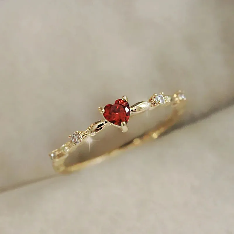 Huitan Fashion Contracted Red Heart Cubic Zirconia Rings Luxury Gold Color Wedding Rings for Women Exquisite Gift 2022 Jewelry