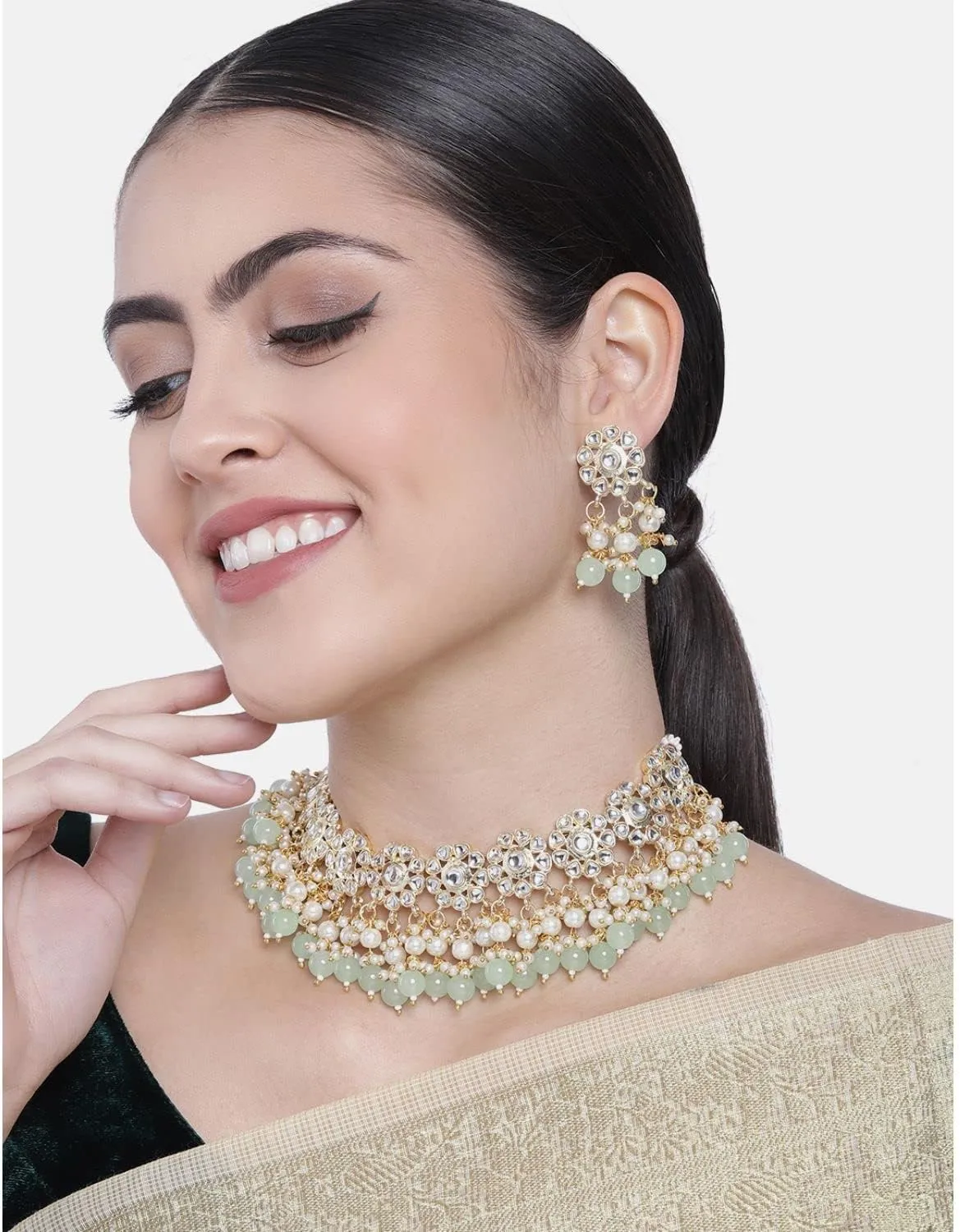 I Jewels Gold Plated Indian Wedding Bollywood Kundan & Pearl Studded Choker Necklace JewelleySet For Women (K7213)
