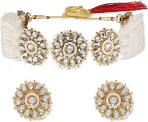 I Jewels Gold Plated Indian Wedding Bollywood Kundan Studded Pearl choker with Earrings For Women (ML310W)