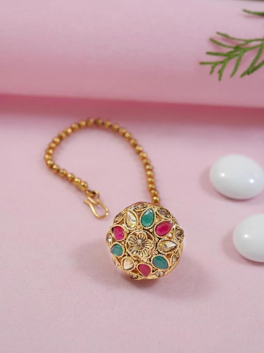 I Jewels Gold Plated Rajasthani/Rajputi Kundan Pearl Studded Borla Matha Patti Maang Tikka for Women