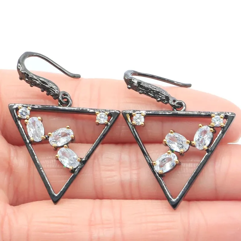 JC - Triangle Pendant & Earrings: Gothic style in black gold silver with cubic zirconia