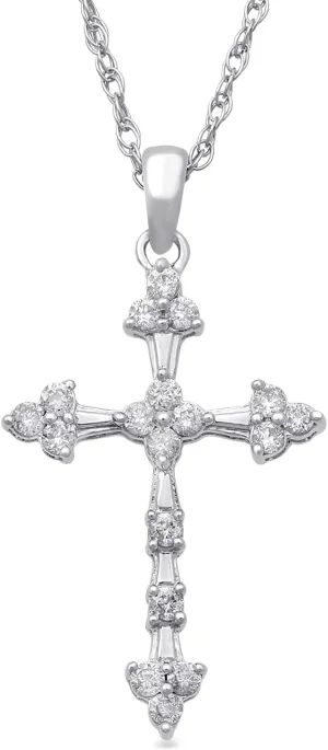 Jewelili 10K Gold 1/4 Cttw Natural White Round Diamond Cross Pendant Necklace, 18" Rope Chain