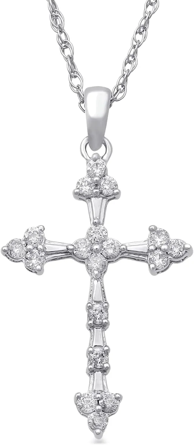 Jewelili 10K Gold 1/4 Cttw Natural White Round Diamond Cross Pendant Necklace, 18" Rope Chain