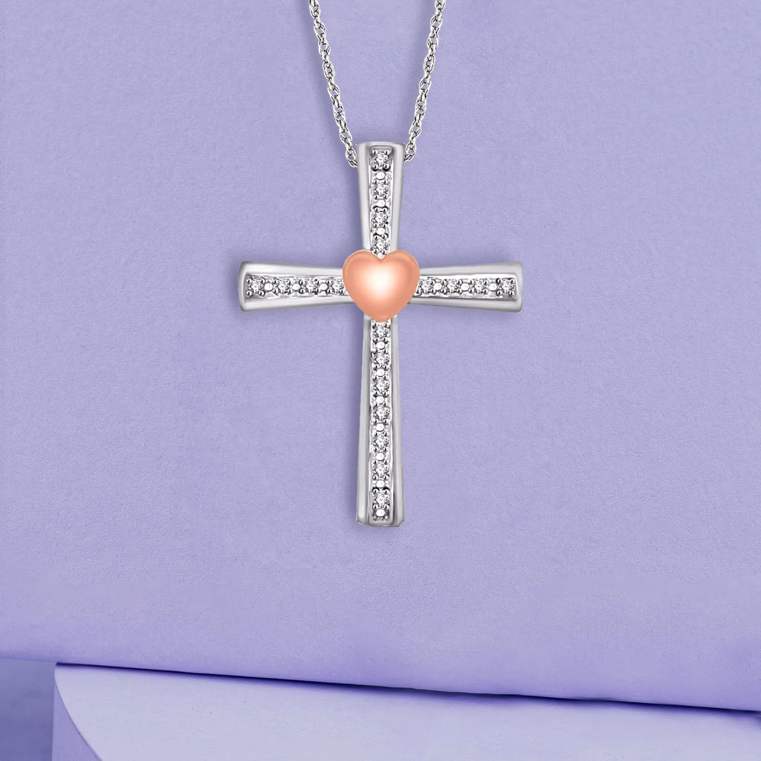 Jewelili 10K Gold Pink and Sterling Silver Diamond Accent Tree of Life, Double Heart, Angel, Key, Paw, Mom, Hamsa, Love, Cat, Cross & Twist Pendant Necklace, 18" Chain