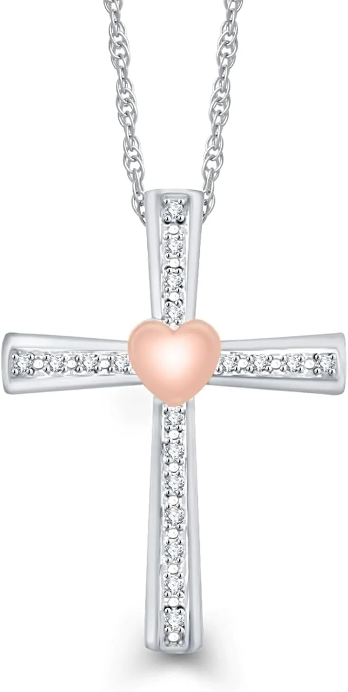 Jewelili 10K Gold Pink and Sterling Silver Diamond Accent Tree of Life, Double Heart, Angel, Key, Paw, Mom, Hamsa, Love, Cat, Cross & Twist Pendant Necklace, 18" Chain