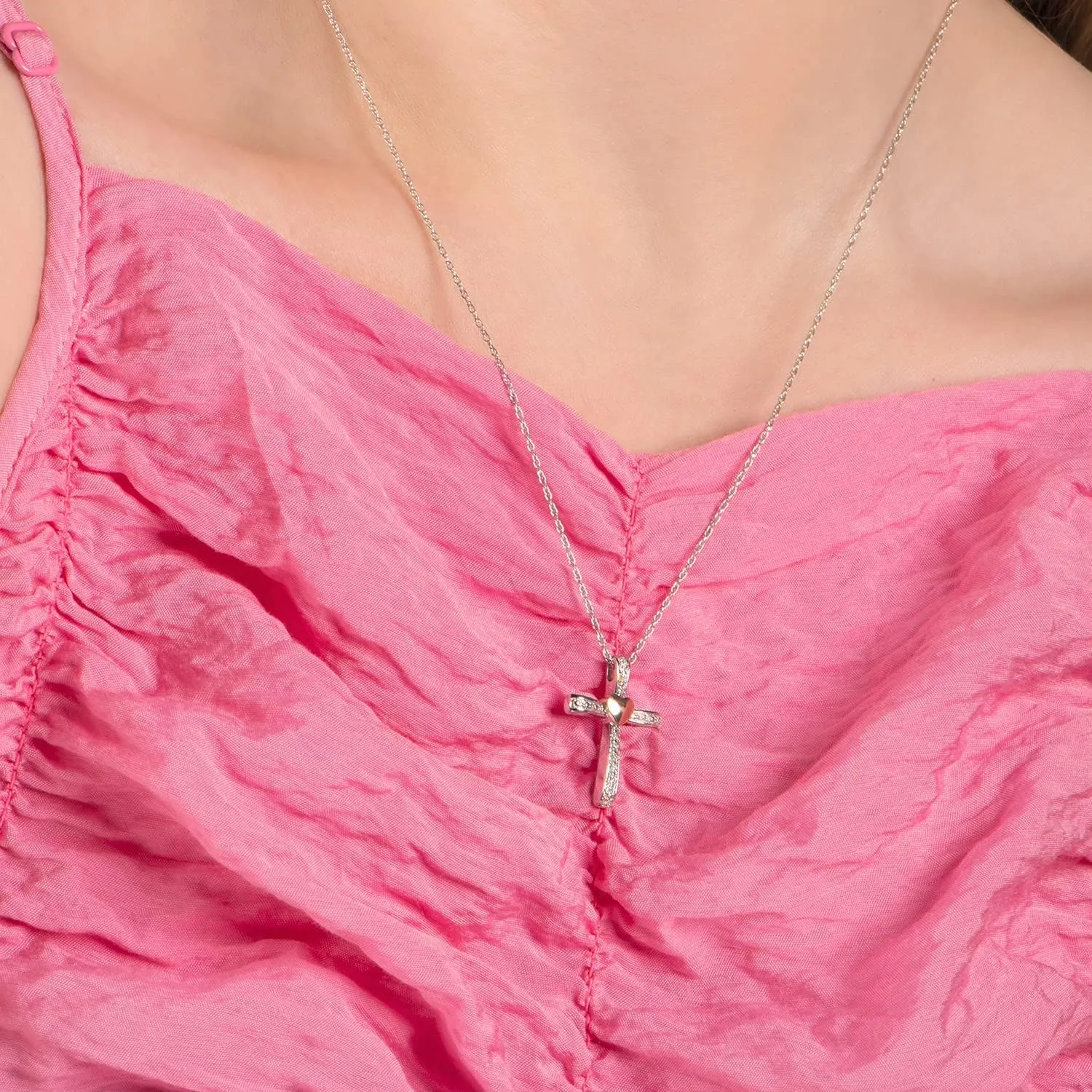 Jewelili 10K Gold Pink and Sterling Silver Diamond Accent Tree of Life, Double Heart, Angel, Key, Paw, Mom, Hamsa, Love, Cat, Cross & Twist Pendant Necklace, 18" Chain