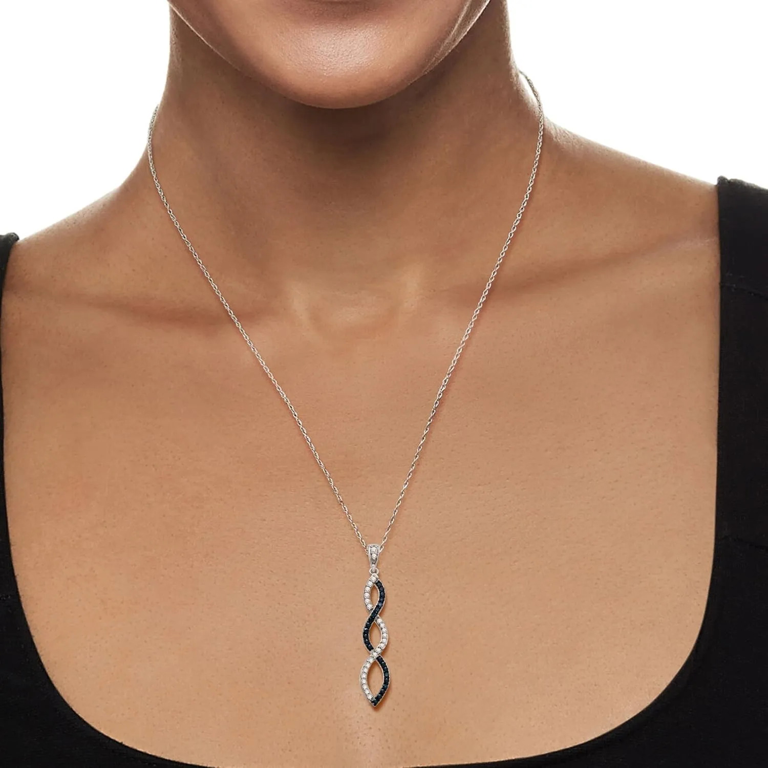 Jewelili 10K White Gold Twist Pendant Necklace for Women | 1/4 CTTW Natural White Round and Treated Blue or Black Diamonds | 18" Rope Chain | Luxury Jewelry Gift for her | Gift Box Included