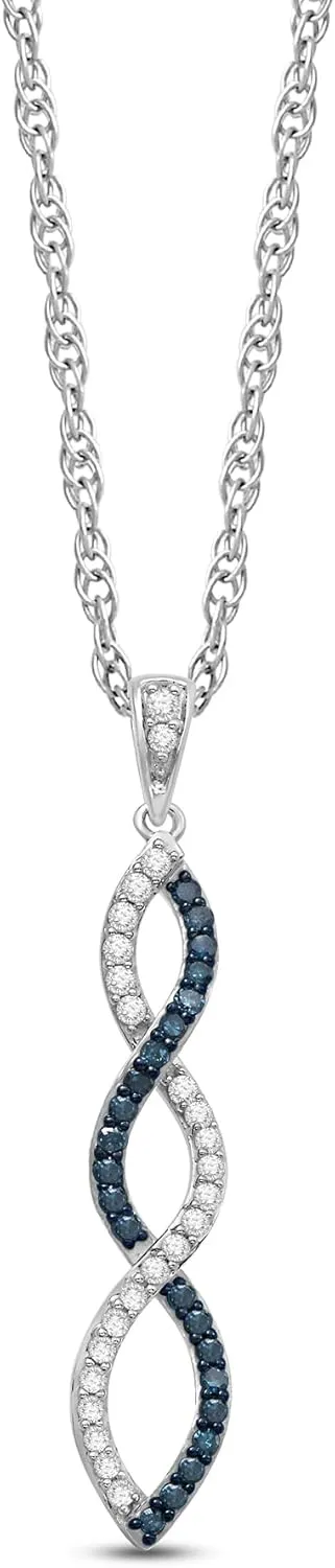 Jewelili 10K White Gold Twist Pendant Necklace for Women | 1/4 CTTW Natural White Round and Treated Blue or Black Diamonds | 18" Rope Chain | Luxury Jewelry Gift for her | Gift Box Included