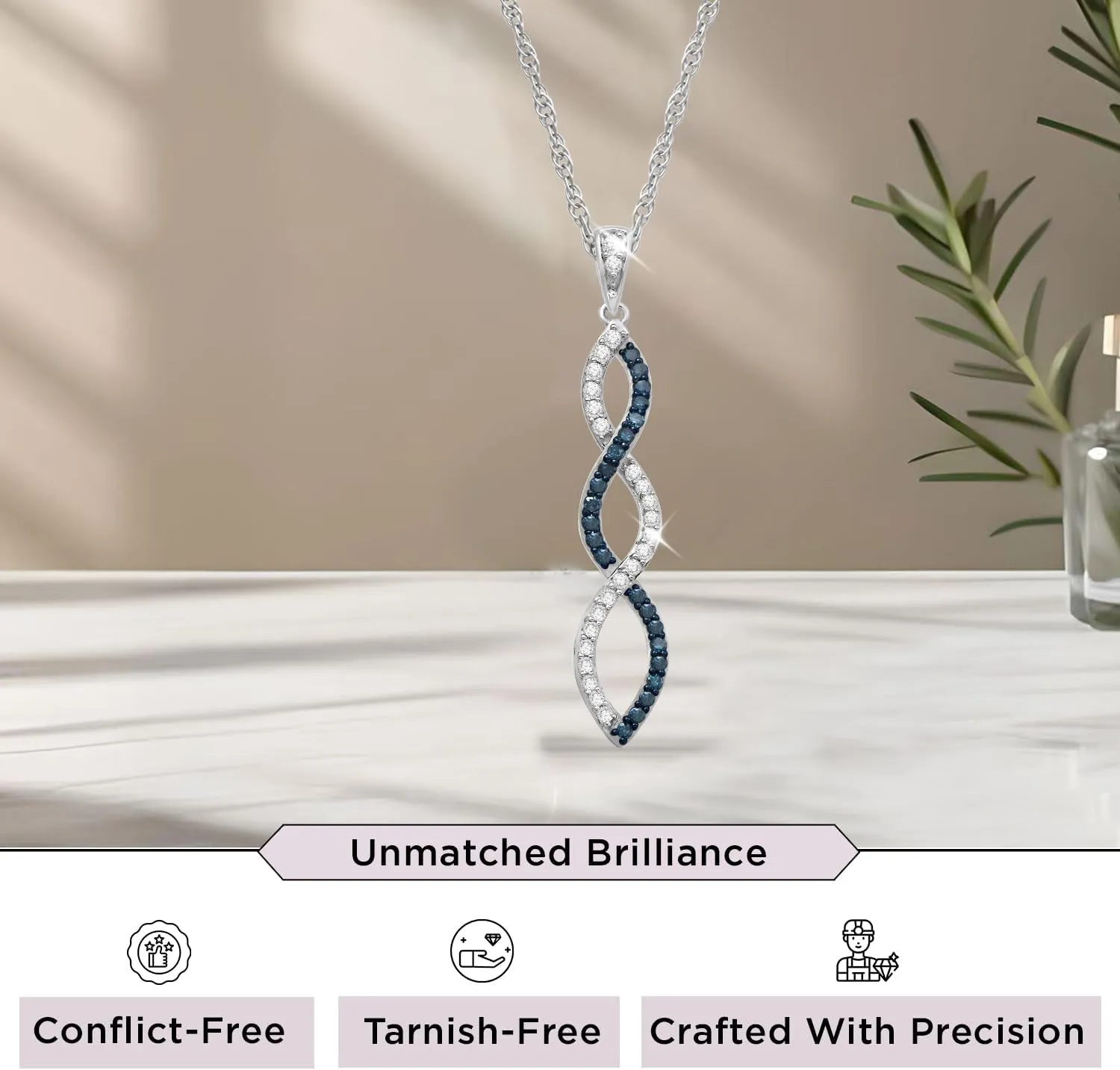 Jewelili 10K White Gold Twist Pendant Necklace for Women | 1/4 CTTW Natural White Round and Treated Blue or Black Diamonds | 18" Rope Chain | Luxury Jewelry Gift for her | Gift Box Included