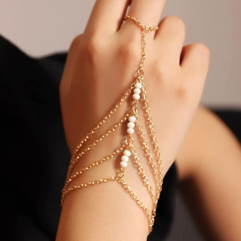 Kenfery Multi-Layered Beaded Finger Ring Chain Bracelet Boho Adjustable Slave Bracelet with Ring Bridal Wedding Summer Beach Hand Jewelry for Women and Girls