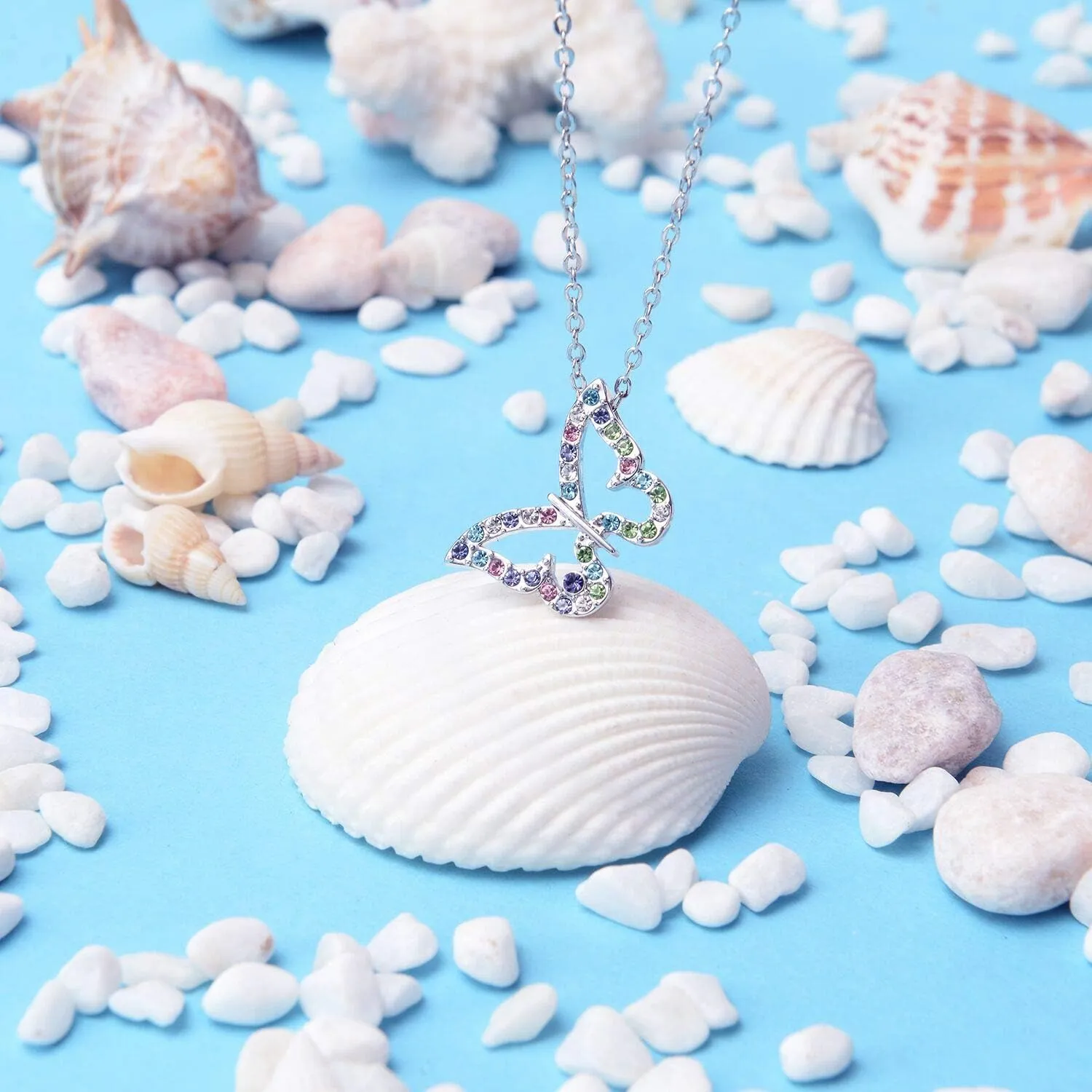 Kiokioa Cute Silver Butterfly Pendant Necklace Multi-color Crystal Charm Christmas Birthday Gifts