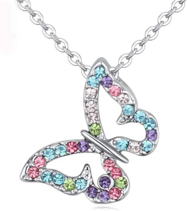 Kiokioa Cute Silver Butterfly Pendant Necklace Multi-color Crystal Charm Christmas Birthday Gifts