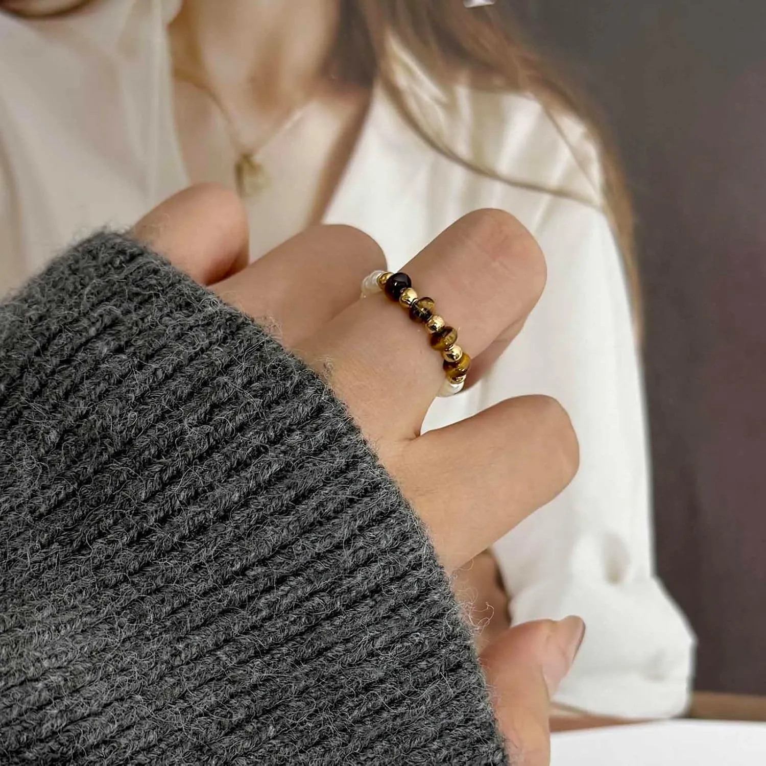Layered Pearl Knuckle Ring Silver Open Finger Ring Jewelry for Women