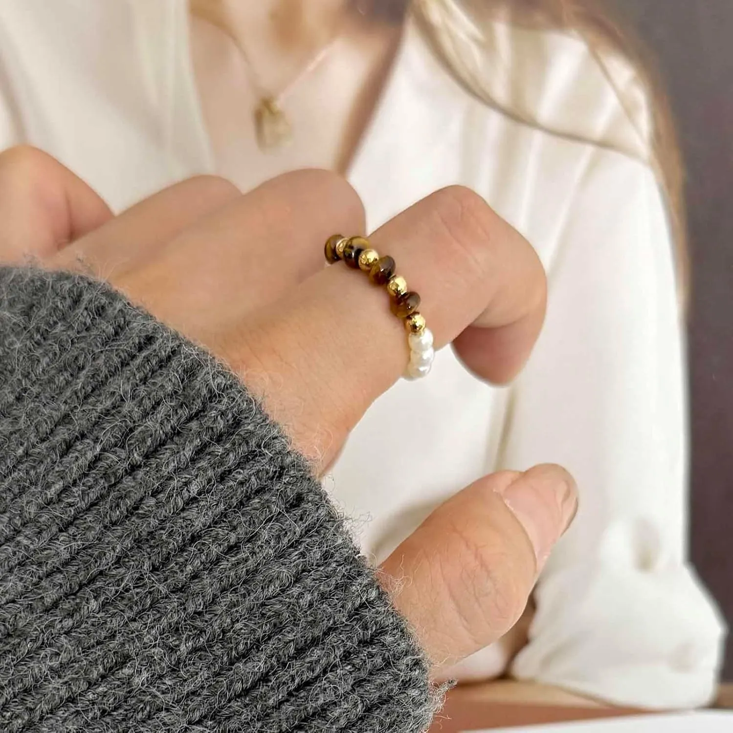 Layered Pearl Knuckle Ring Silver Open Finger Ring Jewelry for Women