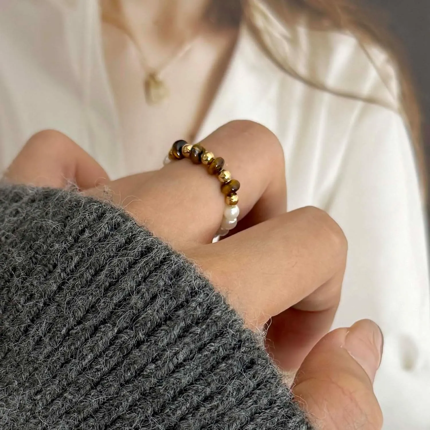 Layered Pearl Knuckle Ring Silver Open Finger Ring Jewelry for Women