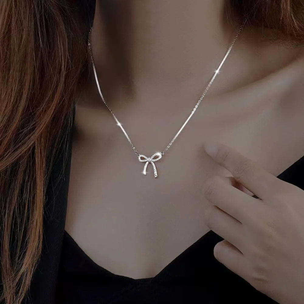 LIYAPEI Rhinestone Bow Necklace for Women, Tiny Dainty 14K Gold Plated Bowknot Pendant Choker Necklace Makes A Cute Bow Jewelry Gift for Women Girls