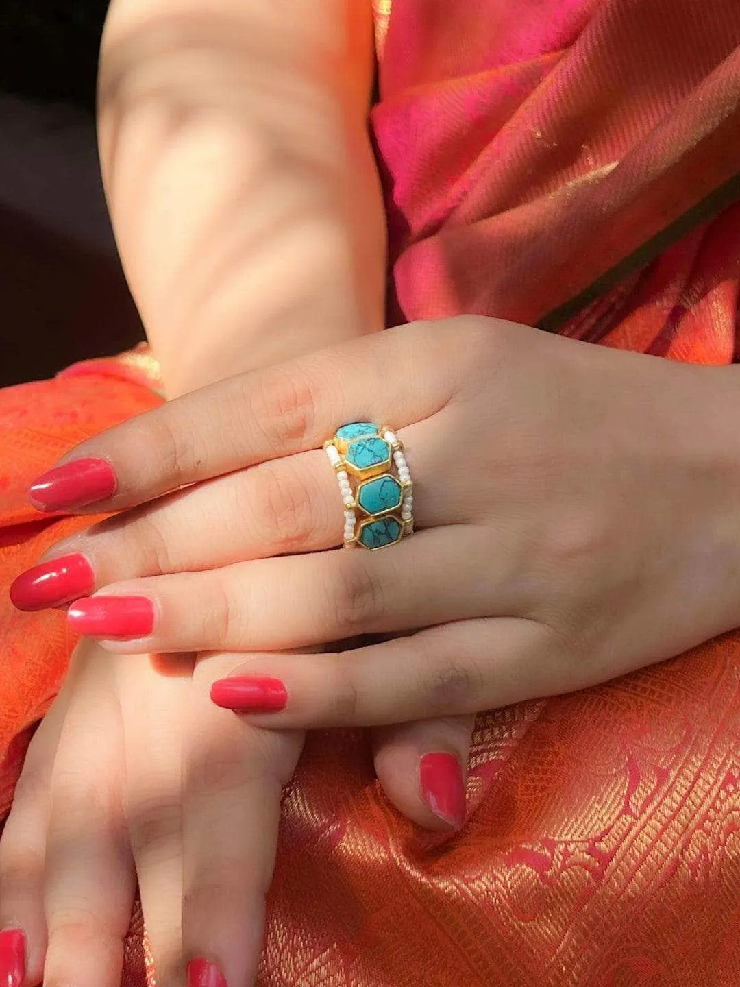 Madhuri Dixit In Classic Polki Stone Ring Light Blue