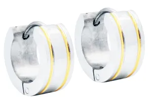 Mens 14mm Stainless Steel Gold Divoted Hoop Earrings