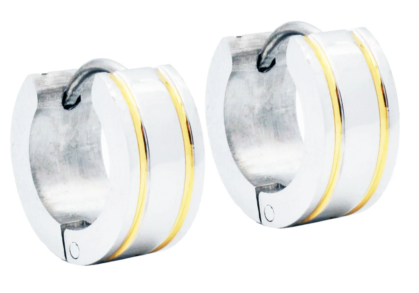 Mens 14mm Stainless Steel Gold Divoted Hoop Earrings