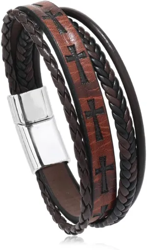 Mens Leather Cross Bracelet Multi-Layer Braided Faith Bracelet Religious Wristband Father's Day 8.5" Memory Bangle with Stainless Steel Buckle