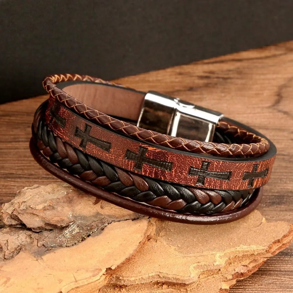 Mens Leather Cross Bracelet Multi-Layer Braided Faith Bracelet Religious Wristband Father's Day 8.5" Memory Bangle with Stainless Steel Buckle