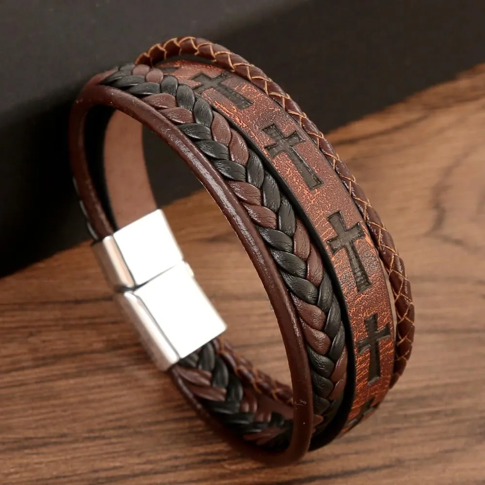 Mens Leather Cross Bracelet Multi-Layer Braided Faith Bracelet Religious Wristband Father's Day 8.5" Memory Bangle with Stainless Steel Buckle