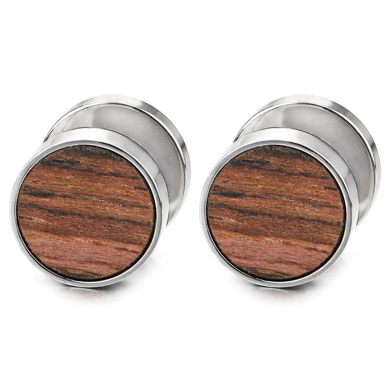Mens Women Black Circle Stud Earrings with Wood, Steel Cheater Fake Ear Plugs Gauges Tunnel