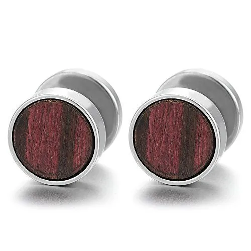Mens Women Black Circle Stud Earrings with Wood, Steel Cheater Fake Ear Plugs Gauges Tunnel