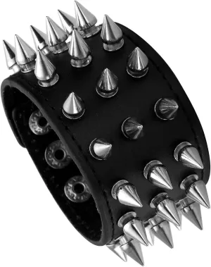 MILAKOO Unisex Black Metal Spike Studded Punk Rock Biker Wide Strap Leather Bracelet Chain Wristband Adjustable