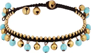 MINACHI Bohemian Style Anklet with Jingling Bell and Hand-woven Rope, Turquoise-toned and Brass Chain Foot Bracelet, Summer Beach Ankle Bracelet for Women