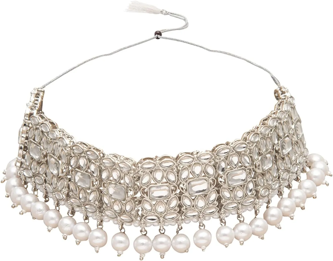 New Bodha Traditional Indian Silver Plated Kundan Pearl Choker Bridal Necklace Combo Jewelry Set With Tikka and Earrings for Women