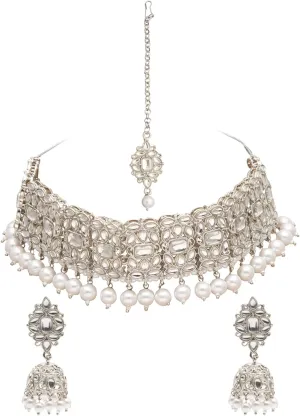 New Bodha Traditional Indian Silver Plated Kundan Pearl Choker Bridal Necklace Combo Jewelry Set With Tikka and Earrings for Women